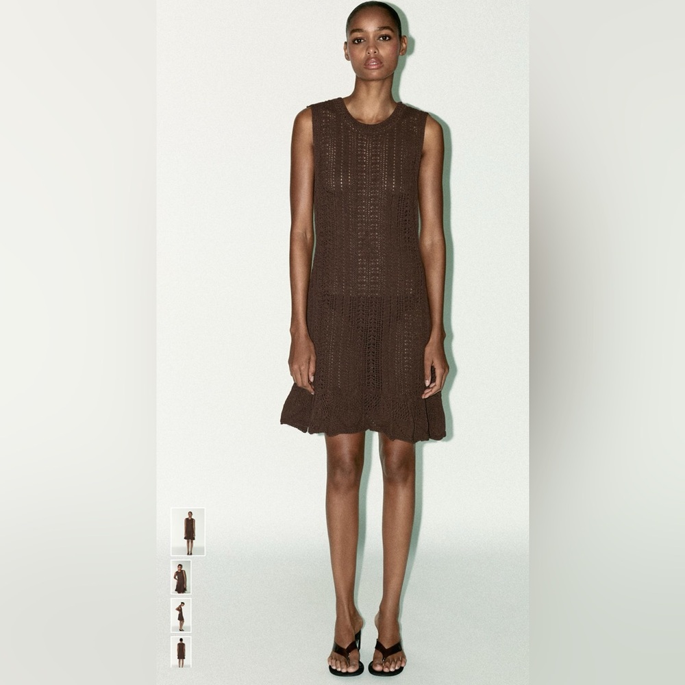 ZARA NWT Crochet Knit Short Brown Sleeveless Dress